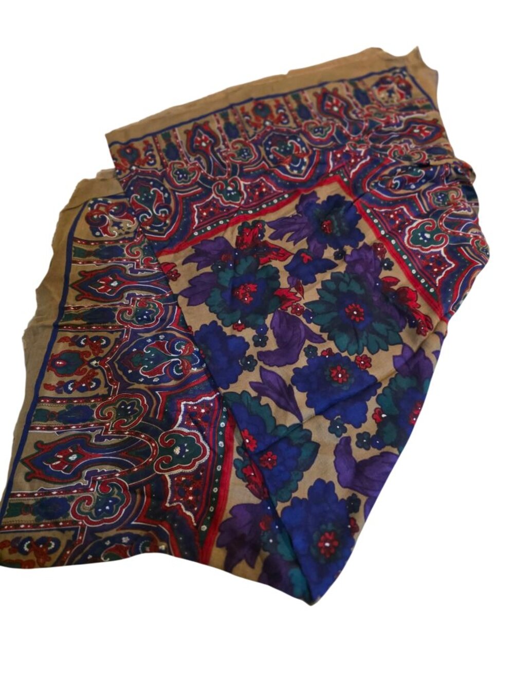 Vintage Silk Scarf Jewel Tone Paisley Floral Mixed Print Tan Border Large Square